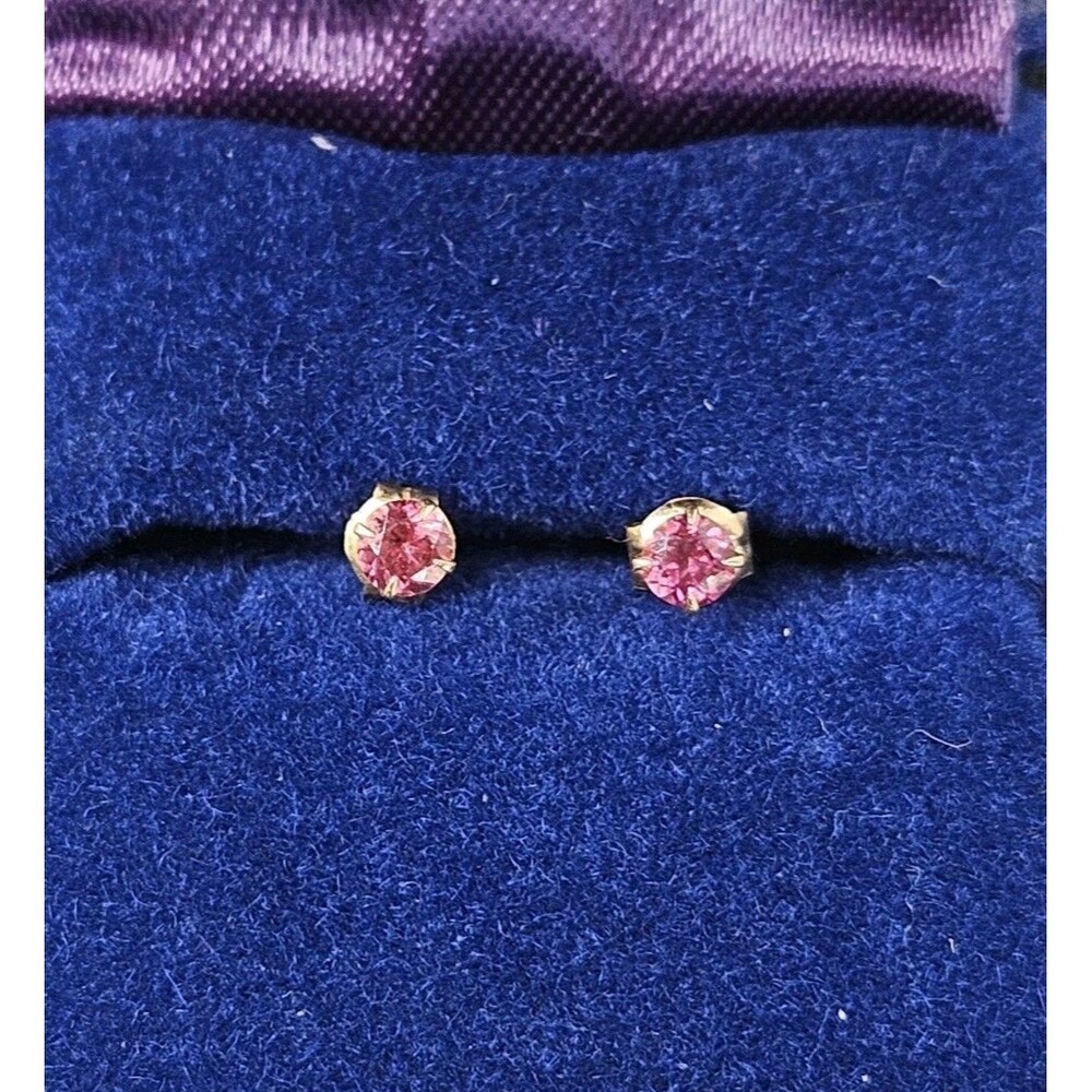 18k Yellow Gold Stud Earrings 3mm Round Pink Crystal .25 Grams